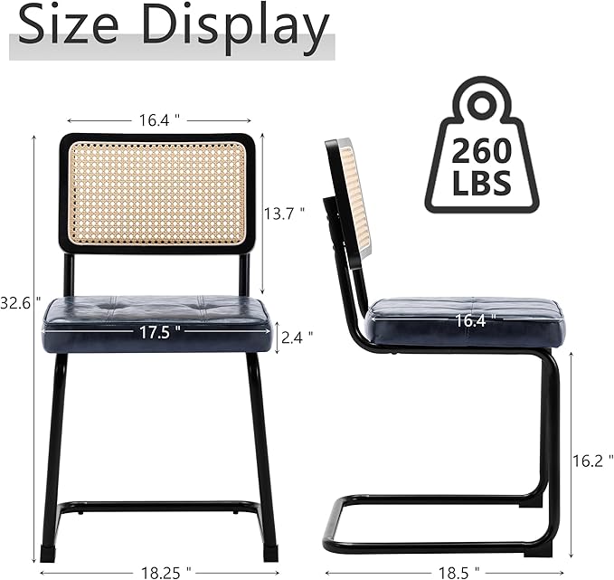 Rattan Dining Chairs Set of 2, Mid Century Modern PU Leather Dining Room Kitchen Chairs with Cane Back, Metal Chrome Legs, Upholstered Wicker Armless Accent Chairs, Blue - LeafyLoom