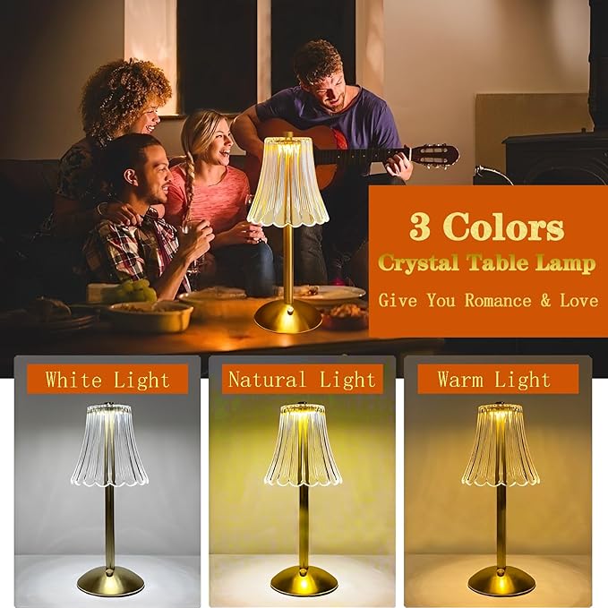 Table Lamps for Nightstand,3 Colors Crystal Table Lamp,LED Night Light,Cordless Lamp Vintage Lamp,Rechargeable Touch Control Small Desk Lamp,Bedside Lamps for Living Bedroom Bathroom Room Bar Lamp - LeafyLoom