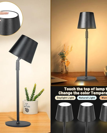 Cordless Table Lamp,Portable LED Desk Lamp, Battery Operated, 3 Color Stepless Dimming Up, for Restaurant/Bedroom/Bars/Outdoor Party/Camping/Coffee Shop Night Light。 (Black) - LeafyLoom