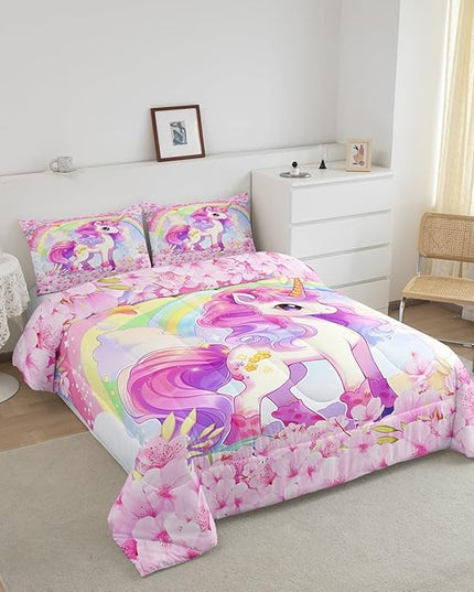 Cartoon Unicorn Kids Comforter Set Twin Size,Sakura Cherry Blossom Japanese Bedding Set,Girls Women Room Decor,Rainbow Unicorn Cute Down Comforter,Pink Purple Romantic Duvet Insert,1 Pillowcase - LeafyLoom