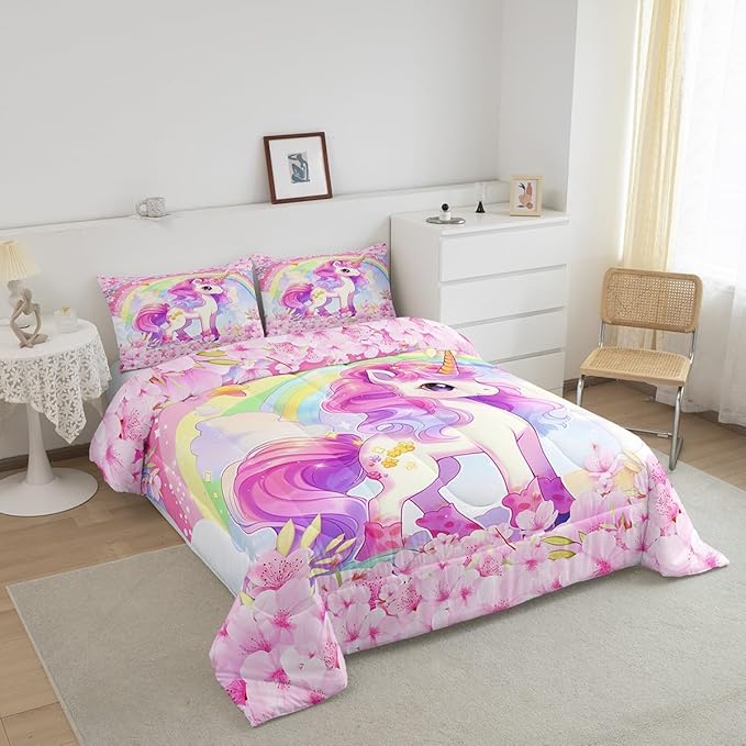 Cartoon Unicorn Kids Comforter Set Twin Size,Sakura Cherry Blossom Japanese Bedding Set,Girls Women Room Decor,Rainbow Unicorn Cute Down Comforter,Pink Purple Romantic Duvet Insert,1 Pillowcase - LeafyLoom