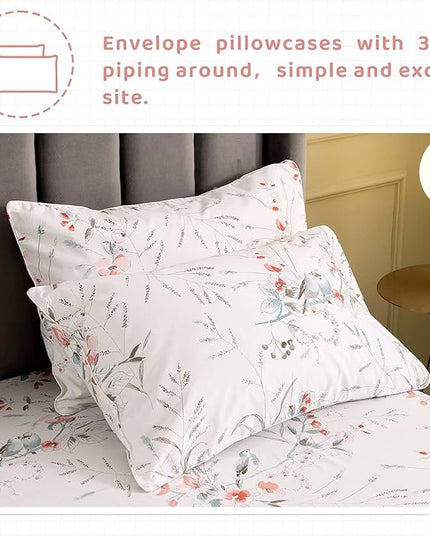 QSH Floral Queen Size Sheet Sets - 100% Egyptian Cotton Sheets Elegant Botanical Flower Leaves Bird Printed Bedding Sheets Queen Size Bed Extra Soft and Breathable 4pcs Deep Pockets Bed Sheets - LeafyLoom
