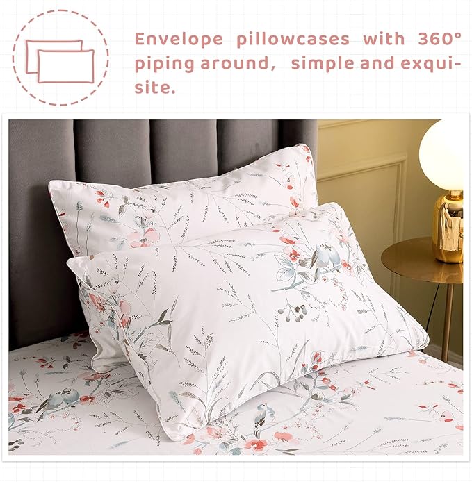 QSH Floral Queen Size Sheet Sets - 100% Egyptian Cotton Sheets Elegant Botanical Flower Leaves Bird Printed Bedding Sheets Queen Size Bed Extra Soft and Breathable 4pcs Deep Pockets Bed Sheets - LeafyLoom