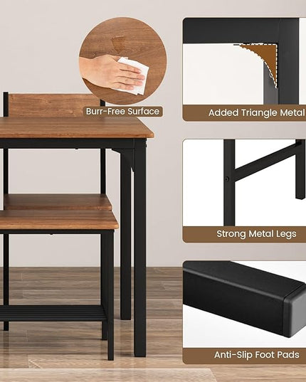 LDAILY Moccha Dining Table Set for 4, Wooden Kitchen Table with with 2 Chairs and a Long Bench, Modern 4-Piece Dinette with Metal Frame & Storage Rack, Space-Saving Table Set for Dining Room, Teak - LeafyLoom