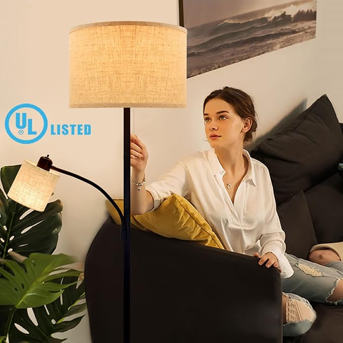 DLLT Living Room Standing Floor Lamps for Reading, Modern Tall Pole Lamp for Contemporary Home with Adjustable Side Light, Mid-Century Industrial Lighting with Drum Shade for Bedroom, Office, Metal - LeafyLoom