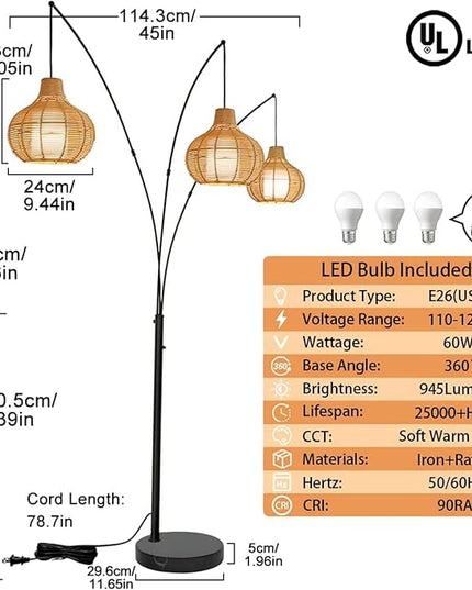 Depuley 3-Light LED Arc Floor Lamps, Adjustable Modern Tall Standing Reading Lamp with Bamboo Lampshades & Marble Base, Rattan Floor Lamp for Living Room Bedroom Office Study, E26 Bulbs Included - LeafyLoom