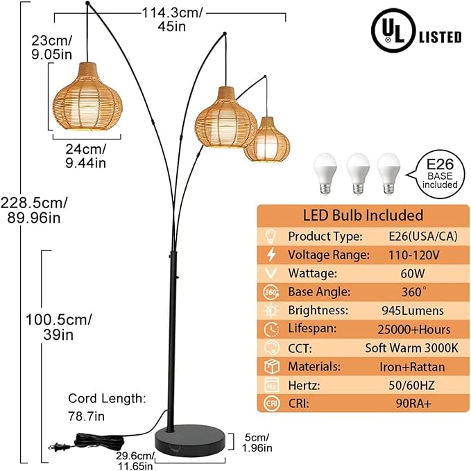 Depuley 3-Light LED Arc Floor Lamps, Adjustable Modern Tall Standing Reading Lamp with Bamboo Lampshades & Marble Base, Rattan Floor Lamp for Living Room Bedroom Office Study, E26 Bulbs Included - LeafyLoom