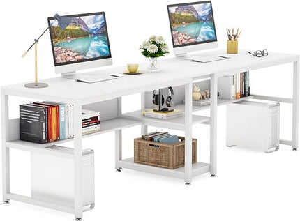 Tribesigns Two Person Desk with Bookshelf, 78.7 Computer Office Double Desk for Two Person, Rustic Writing Desk Workstation with Shelf for Home Office (White) - LeafyLoom