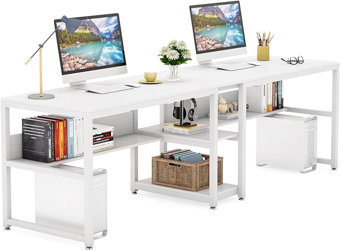 Tribesigns Two Person Desk with Bookshelf, 78.7 Computer Office Double Desk for Two Person, Rustic Writing Desk Workstation with Shelf for Home Office (White) - LeafyLoom