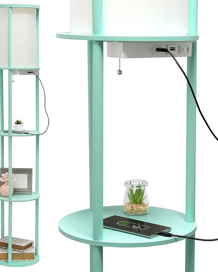 Simple Designs LF2010-AQU 62.5" Round Modern Shelf Etagere Organizer Storage Floor Lamp with 2 USB Charging Ports, 1 Charging Outlet and Linen Shade for Living Room Bedroom, Aqua, 11.5 x 11.5 x 62.5 - LeafyLoom