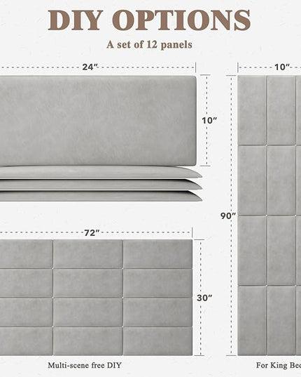 King Headboard, Wall Mounted Peel and Stick Headboard, Upholstered Leather Bed Headboard for King Size Bed, Floating Dorm Bedroom Tall Headboard Soundproof Wall Panels (12 Panels, 10"x24") - LeafyLoom