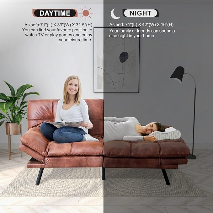 MUUEGM Futon Sofa Bed Convertible Memory Foam Sleeper Couch,Modern Faux Leather Loveseat for Living Room,Small Compact Space,Dorm,Office,Adjustable Armrests Backrest Sofabed, Dark Brown - LeafyLoom