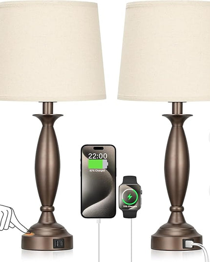 Beige Brown Lamps for Bedrooms Set of 2 - Touch Control Bedside Lamp with USB C+A, 3 Way Dimmable Nightstand Lamps with USB Port, Table Lamp for Living Room(Beige Shade and Brown Base) - LeafyLoom
