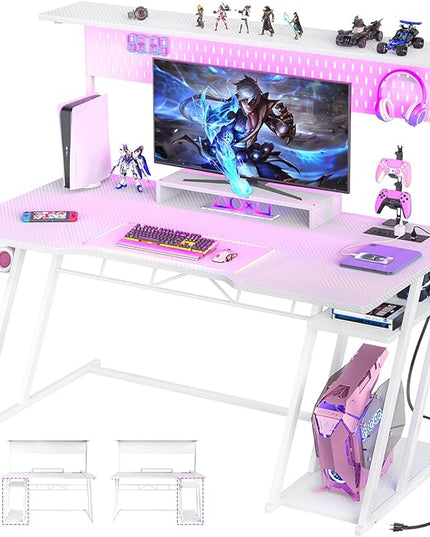 55'' White Gaming Desk with Hutch and LED Lights, Gaming Computer Desk with Storage Shelves & Z-Shaped Legs, Reversible PC Gaming Desk with Pegboard, Ergonomic Desk for Bedroom, Carbon Fiber Surface - LeafyLoom