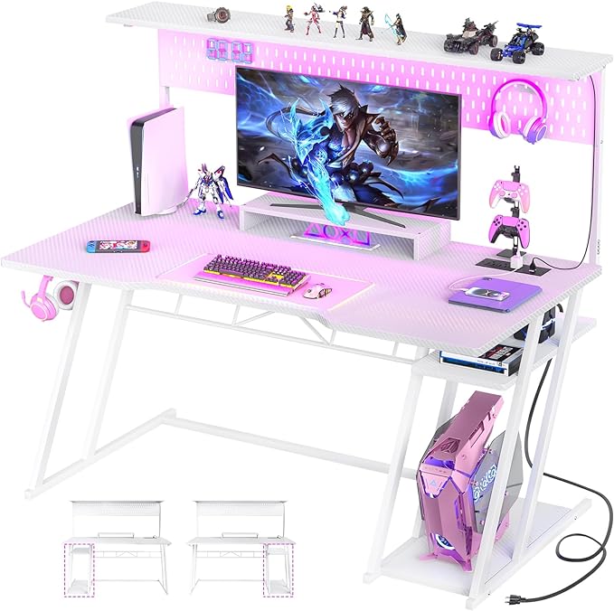 55'' White Gaming Desk with Hutch and LED Lights, Gaming Computer Desk with Storage Shelves & Z-Shaped Legs, Reversible PC Gaming Desk with Pegboard, Ergonomic Desk for Bedroom, Carbon Fiber Surface - LeafyLoom