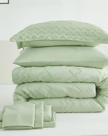 EMME Queen Comforter Set - 7 Pcs Sage Green Boho Bedding Sets, Full Size Tufted Comforter with Sheets, Shabby Chic Embroidery Queen Bed Set Fluffy Bed Bag for All Season(90"X90") - LeafyLoom