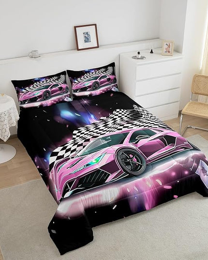 Pink Race Car Bedding Set King Size,Racing Flag Black White Lattice Duvet Cover with 2 Pillowcases,Extreme Sport Game Comforter Cover for Kids Youths Boys Girls Room Decor,Modern Quilt Cover - LeafyLoom