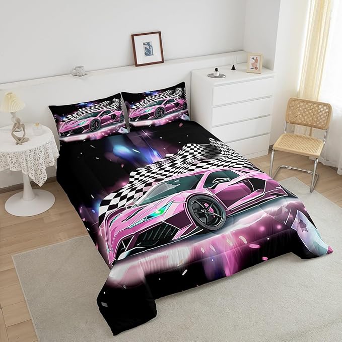 Pink Race Car Bedding Set King Size,Racing Flag Black White Lattice Duvet Cover with 2 Pillowcases,Extreme Sport Game Comforter Cover for Kids Youths Boys Girls Room Decor,Modern Quilt Cover - LeafyLoom