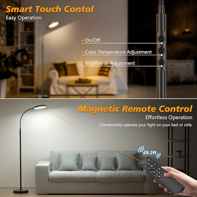 LED Floor Lamp, 18W Bright Floor Lamps for Living Room, Stepless Adjustable Colors & Brightness Standing Lamp with Timer, Remote & Touch Control, Eye Caring Reading Lights for Bedroom,Office - LeafyLoom