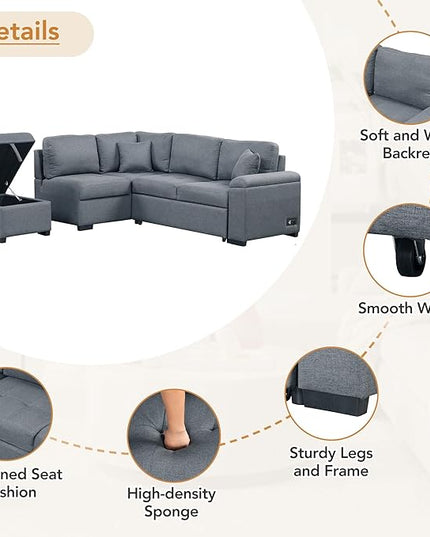 87.4“ L-Shape Sectional Sleeper Sofa with Pull out Bed Ottoman, Velvet Upholstered Couch w/Hidden Arm Storage &USB Charge, for Living Room Apartment, 87.4 Inch, Dark Gray1 - LeafyLoom