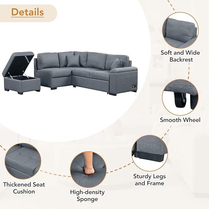 87.4“ L-Shape Sectional Sleeper Sofa with Pull out Bed Ottoman, Velvet Upholstered Couch w/Hidden Arm Storage &USB Charge, for Living Room Apartment, 87.4 Inch, Dark Gray1 - LeafyLoom