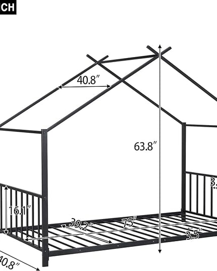Twin Size Kids Montessori Floor Bed,House Bed Frame with High Headboard,Twin Floor Bed with Roof for Boys Girls,Floor Bed Metal Frame (Black) - LeafyLoom