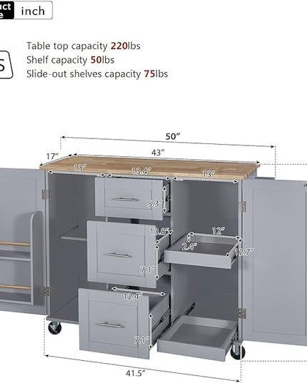 Kitchen Island with Storage, Rolling Extended Table on Wheels w/3 Drawer, 2 Slide-Out Shelf and Internal Storage Spice&Tower Rack for Dinning Room - LeafyLoom