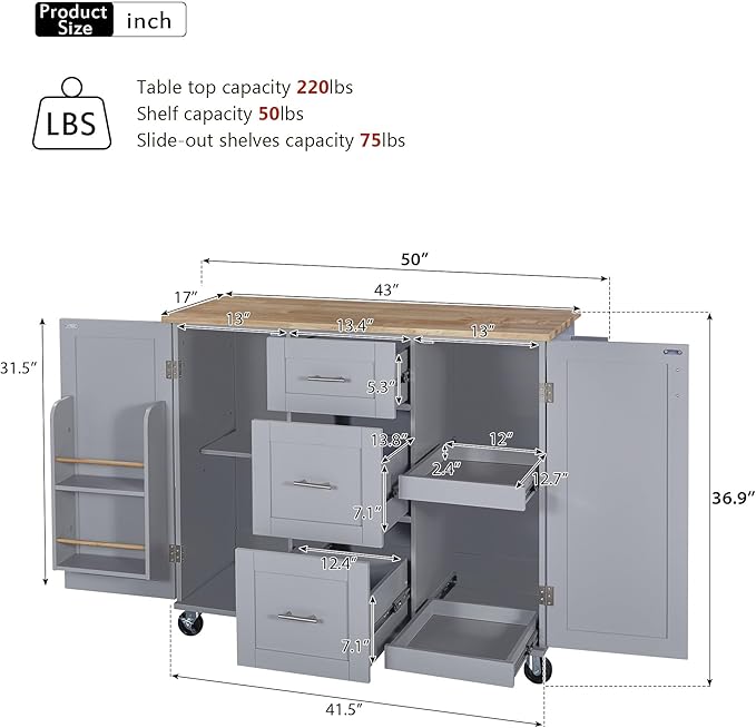 Kitchen Island with Storage, Rolling Extended Table on Wheels w/3 Drawer, 2 Slide-Out Shelf and Internal Storage Spice&Tower Rack for Dinning Room - LeafyLoom