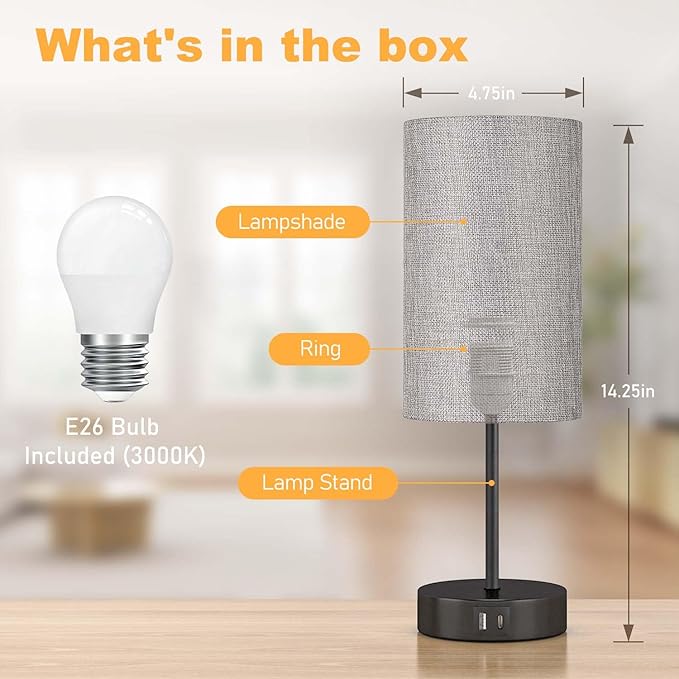 AKASUKI Table Lamp for Bedroom, 3 Way Dimmable Touch Lamp with Dual Charging Station, Small Bedside Lamps for Night Stands, Living Room, Office(LED Bulb Included) - LeafyLoom