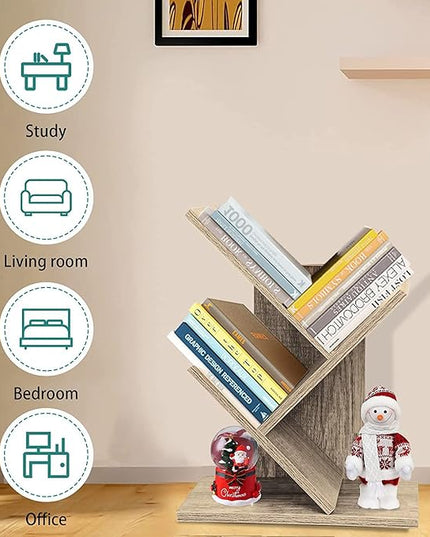 Tree Bookshelf, 3-Tier Small Book Storage Organizer Shelves Floor Standing Bookcase, Wood Storage Rack for Office Home School Shelf Display for Cd/Magazine（French Oak Grey） - LeafyLoom