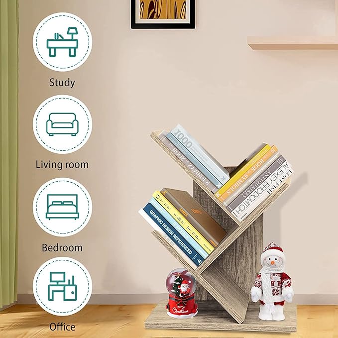 Tree Bookshelf, 3-Tier Small Book Storage Organizer Shelves Floor Standing Bookcase, Wood Storage Rack for Office Home School Shelf Display for Cd/Magazine（French Oak Grey） - LeafyLoom