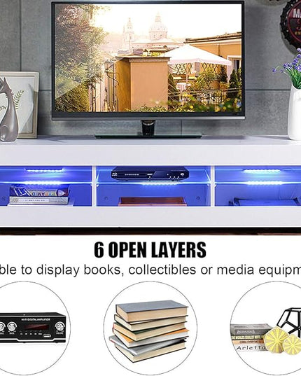 HOMMPA LED TV Stand with LED Lights for 65 inch TV Modern Entertainment Center with Storage 57" White TV Console with Glass Shelves for Living Room 15" Tall - LeafyLoom