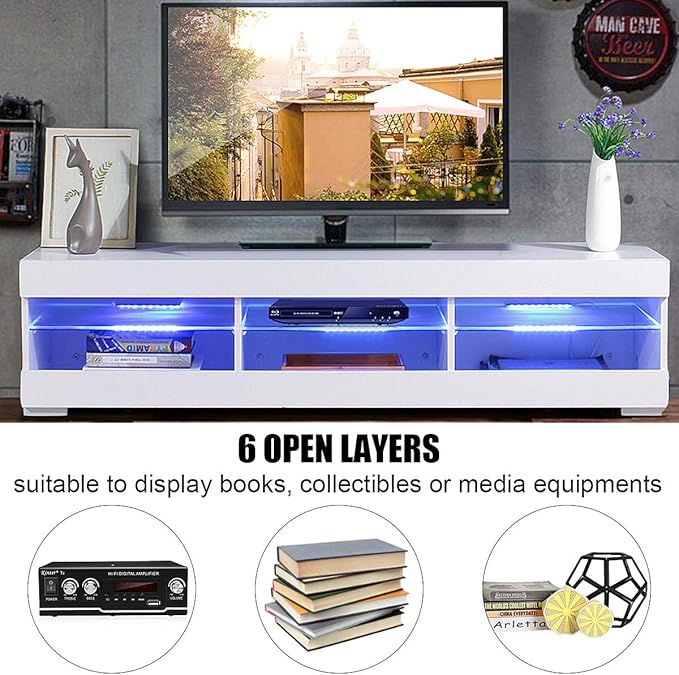 HOMMPA LED TV Stand with LED Lights for 65 inch TV Modern Entertainment Center with Storage 57" White TV Console with Glass Shelves for Living Room 15" Tall - LeafyLoom