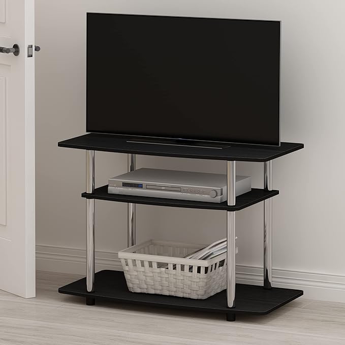 Furinno Turn-N-Tube No Tools 3-Tier Entertainment Center TV Stand for TV up to 32 Inch, Stainless Steel Tubes, Americano/Chrome - LeafyLoom