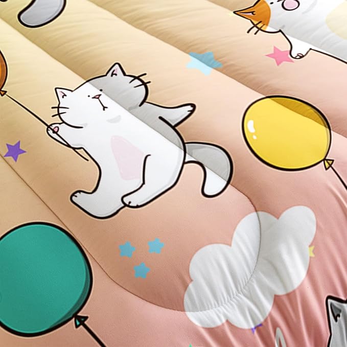 Datura home Kids Comforter Set Cute Cats Printed Pattern Bedding Set with 1 Comforter and 2 Pillowcases for Girls Boys Bedroom All Season(Cat1 Twin) - LeafyLoom