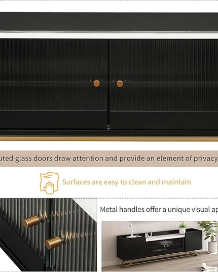LUSAPZ Sleek Design TV Stand,Modern TV Stand with Fluted Glass,for TVs Up to 70 Inch,Faux Marble Top TV Console Table with Gold Frame Base,Ideal for Living Room (Black) - LeafyLoom