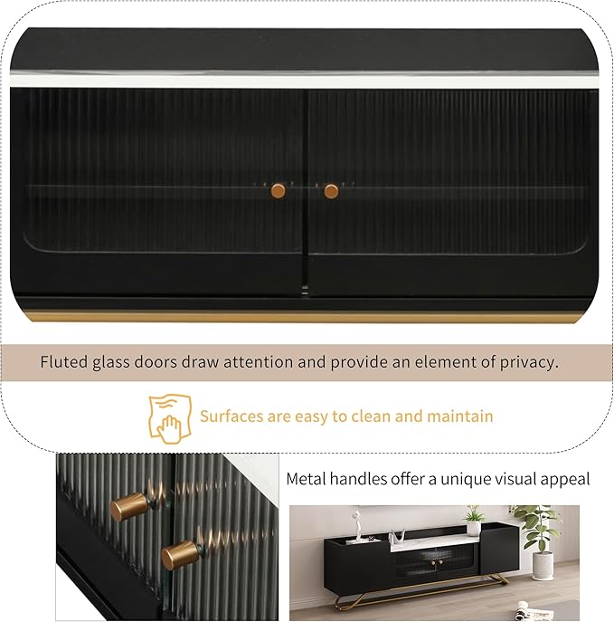 LUSAPZ Sleek Design TV Stand,Modern TV Stand with Fluted Glass,for TVs Up to 70 Inch,Faux Marble Top TV Console Table with Gold Frame Base,Ideal for Living Room (Black) - LeafyLoom