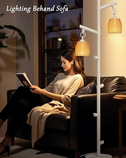 WIHTU 2 Light Tall Floor Lamps for Living Room Bright Lighting, Vintage Standing Lamp for Bedroom, White LED Pole Lamp floor with Wood Bamboo Woven Shades, Tree Corner Light for Home Decor - LeafyLoom