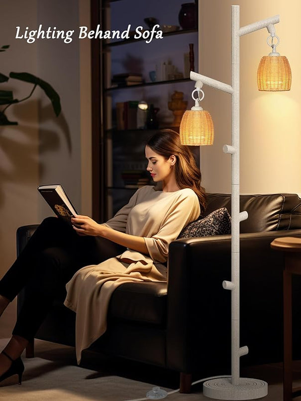 WIHTU 2 Light Tall Floor Lamps for Living Room Bright Lighting, Vintage Standing Lamp for Bedroom, White LED Pole Lamp floor with Wood Bamboo Woven Shades, Tree Corner Light for Home Decor - LeafyLoom