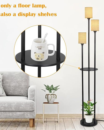 Boho Floor Lamp with Shelves, Black Floor Lamp with Hand-woven Shade, 3-Lights Corner Display Standing Lamp, Farmhouse Rustic Floor Lamps For Living Room, Bedroom, Office, Metal Tall Lamp for Reading - LeafyLoom
