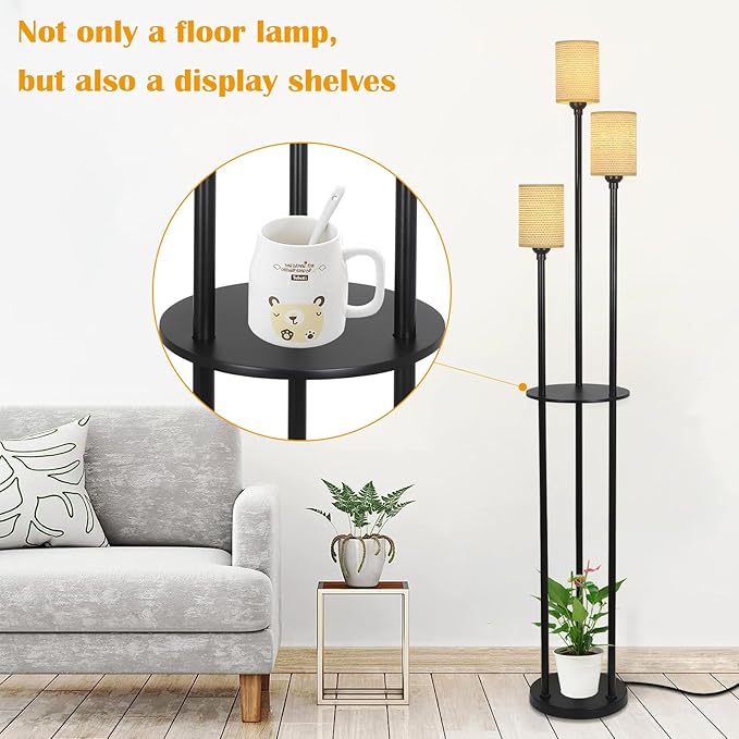 Boho Floor Lamp with Shelves, Black Floor Lamp with Hand-woven Shade, 3-Lights Corner Display Standing Lamp, Farmhouse Rustic Floor Lamps For Living Room, Bedroom, Office, Metal Tall Lamp for Reading - LeafyLoom