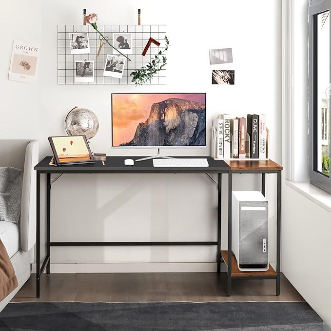 Multifunctional Computer Desk, Industrial Study Writing Desk w/Removable Storage Shelf, Heavy-Duty Metal Frame, 55 Inch Desk for Home Office, Gaming Room, Bedroom (Black) - LeafyLoom