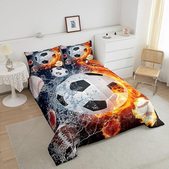 Erosebridal Boys Soccer Bedding Set Football Sports Queen Comforter Set for Kids Teens Youth Bedroom Decor Lightning Baseball Quilt Duvet Water Fire Basketball Comforter with 2 Pillow Cases Red Blue - LeafyLoom