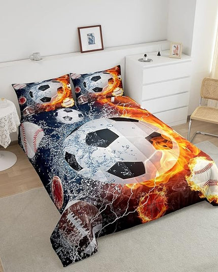 Erosebridal Boys Soccer Bedding Set Football Sports Full Comforter Set for Kids Teens Youth Bedroom Decor Lightning Baseball Quilt Duvet Water Fire Basketball Comforter with 2 Pillow Cases Red Blue - LeafyLoom