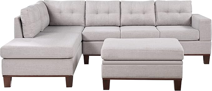 LOVMOR Living Room Reversible Sectional Sofa with Dropdown Armrest, Cupholder, Ottoman and Storage Chaise, Linen Couch for Home Furniture, Apartment, Dorm, Light Gray, 106 Inch - LeafyLoom