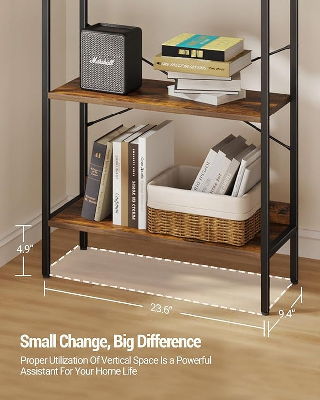 Bookshelf, Book Shelf, Industrial Bookcase with 2 Hooks, Coner Shelf Storage Organizer for Home Office, Living Room, Bedroom, Kitchen, 5-Tier Rustic Brown BC22501B - LeafyLoom