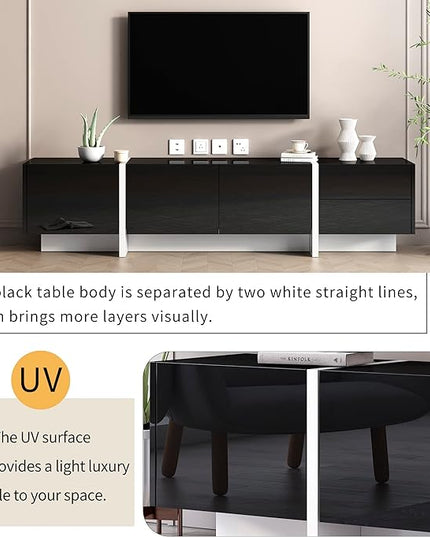 Merax Contemporary Rectangle Design TV Stand for Television Up to 80", Unique Style Console Table, Modern Storage Cabinet with High Gloss UV Surface for Living Room, 74.8" Length, Black - LeafyLoom