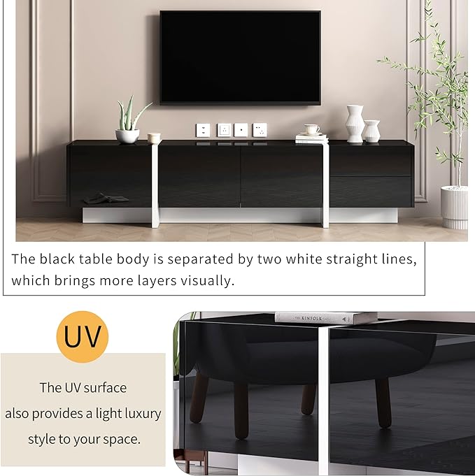 Merax Contemporary Rectangle Design TV Stand for Television Up to 80", Unique Style Console Table, Modern Storage Cabinet with High Gloss UV Surface for Living Room, 74.8" Length, Black - LeafyLoom