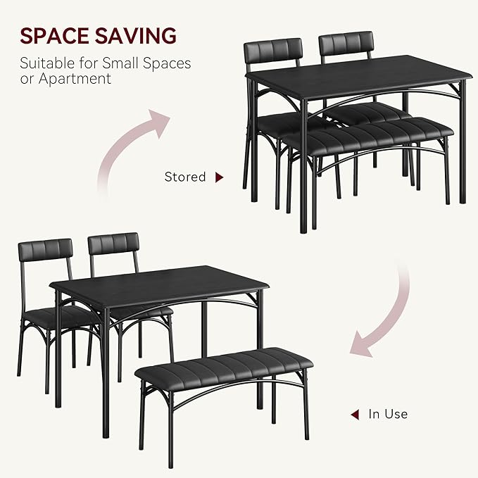 GAOMON Dining Table Set for 4, Kitchen Table with Upholstered Chairs and Bench, 4-Person Dining Room Table Set, Rectangular Kitchen Table Set for Small Space, Apartment, Home, Studio, Rustic Black - LeafyLoom