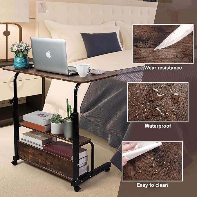 Adjustable Home Office Computer Desk Writing Desk with Storage Shelves Simple Style Workstation for Home Office Small Spaces Storage Table with Wheels Mobile Convenient Brownish, XY-1 - LeafyLoom